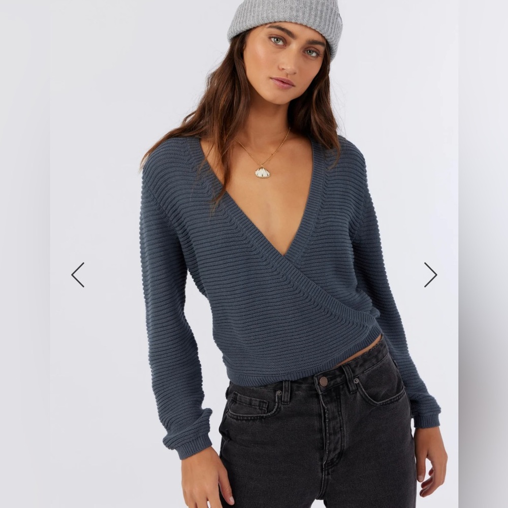 O’Neill faux wrap navy sweater